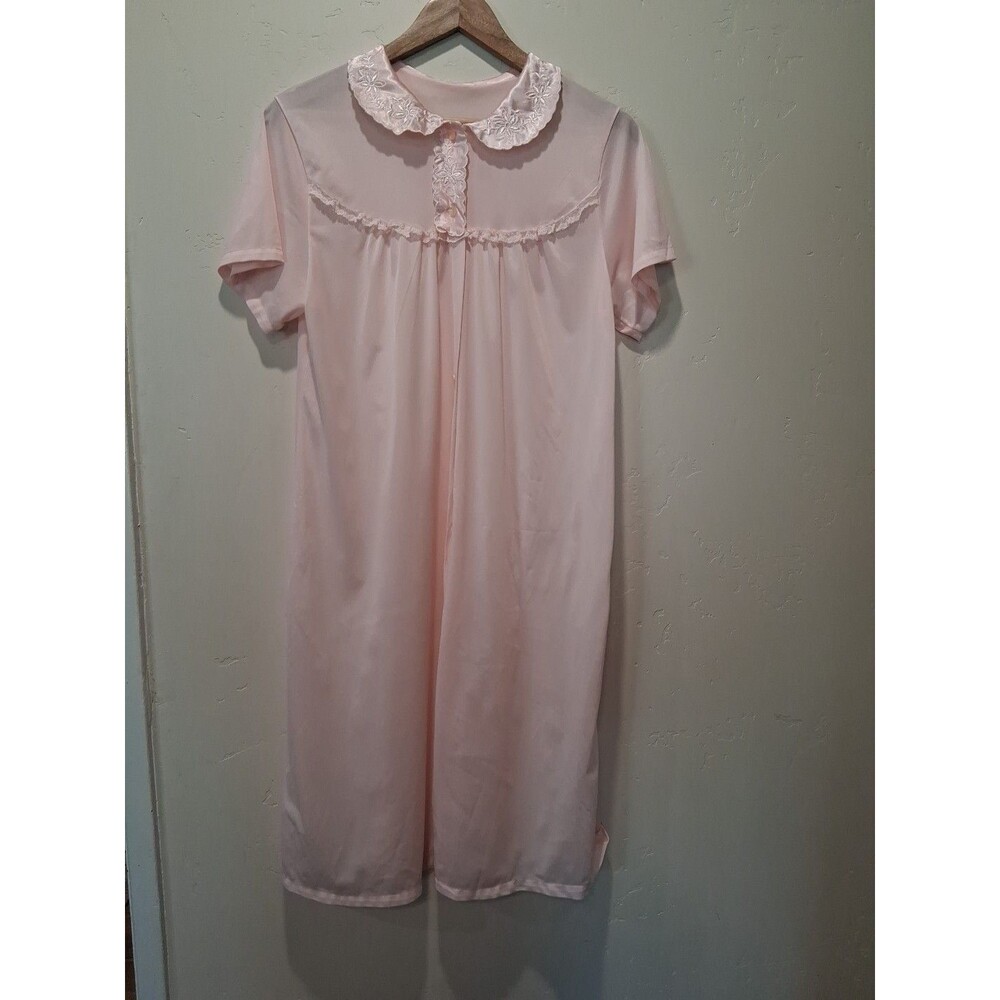Vintage Deena Pink Short Sleeve Embroidered Nightgown Size S Nylon
